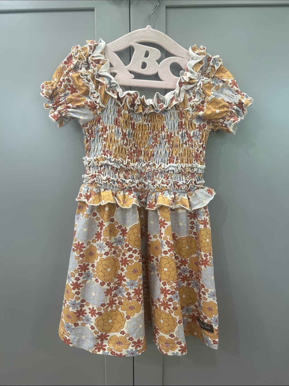 Matilda Jane Girls 2T Fall Retro Floral Smocked Ruffle Dress Yellow Rust